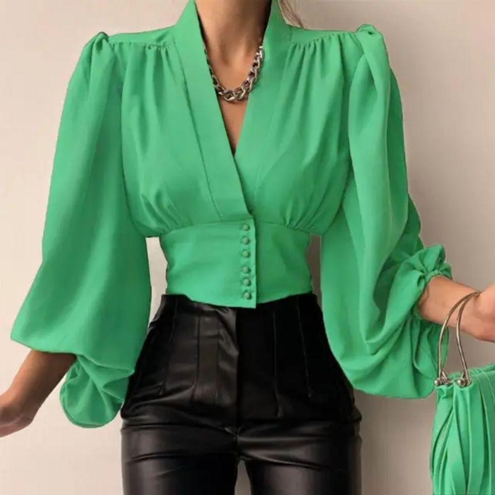 🔹️Chic Me Green Satin Deep Vneck Cropped Long Puff Sleeve Top Small